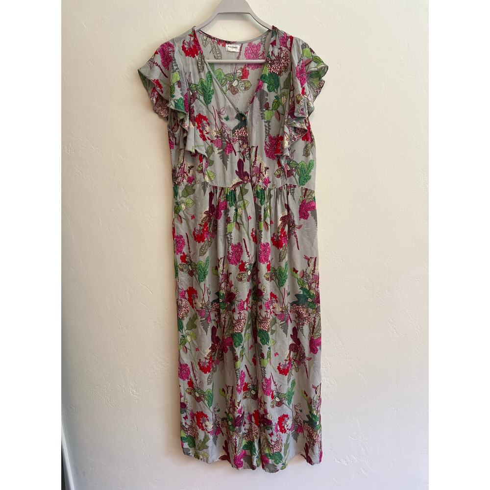 World Market Cost Plus Gray Floral Ruffle Sleeve Maxi House Dress Size: L/XL - Picture 2 of 6